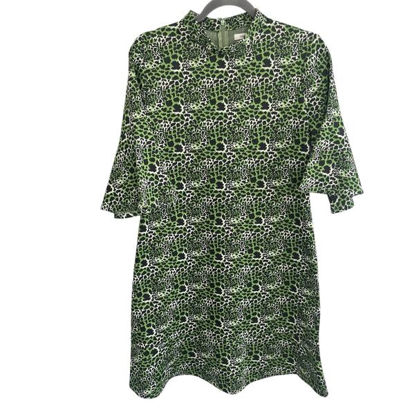 Tyler Boe Mindy Dress Sz M Mock Neck Jacquard Animal Print Flutter Sleeve Green - Picture 2 of 10